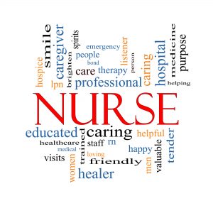 Nurse Word Cloud Concept with great terms such as rn, care, brighten, caring, helpful and more.